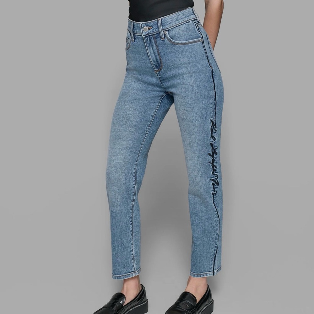 Karl Lagerfeld High Rise Above Ankle Straight Leg Jeans with Black Side Script